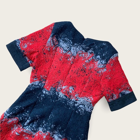 Vintage Ladies’ Wool Designer Red/Black “Spun Yarn” Short Sleeve Midi Dress 0/2 - Picture 9 of 16